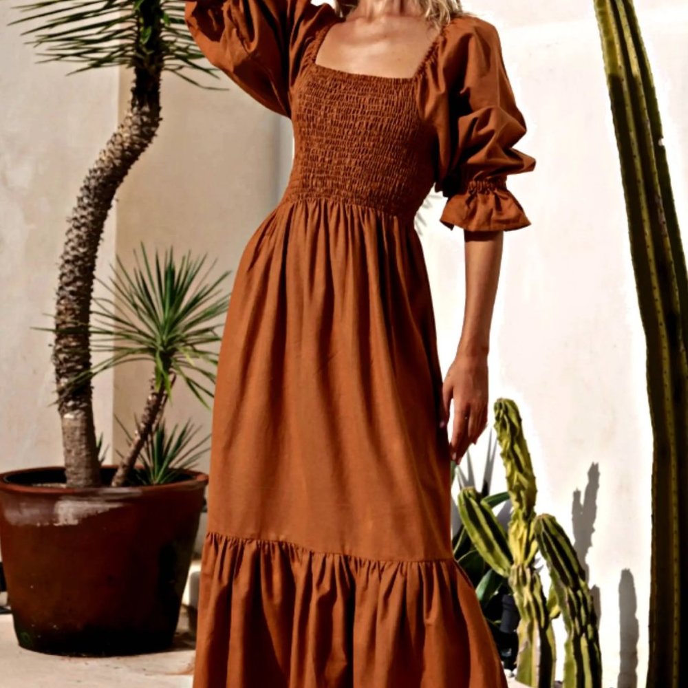 Organic Linen Smocked Square-Neck Maxi Dress in Rust Brown